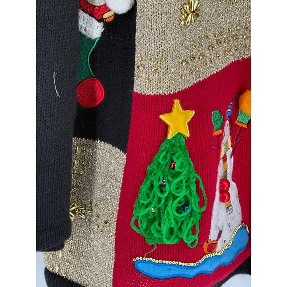 Vintage Lisa International XL Christmas Cardigan Sweater Black Red Green - Picture 4 of 9
